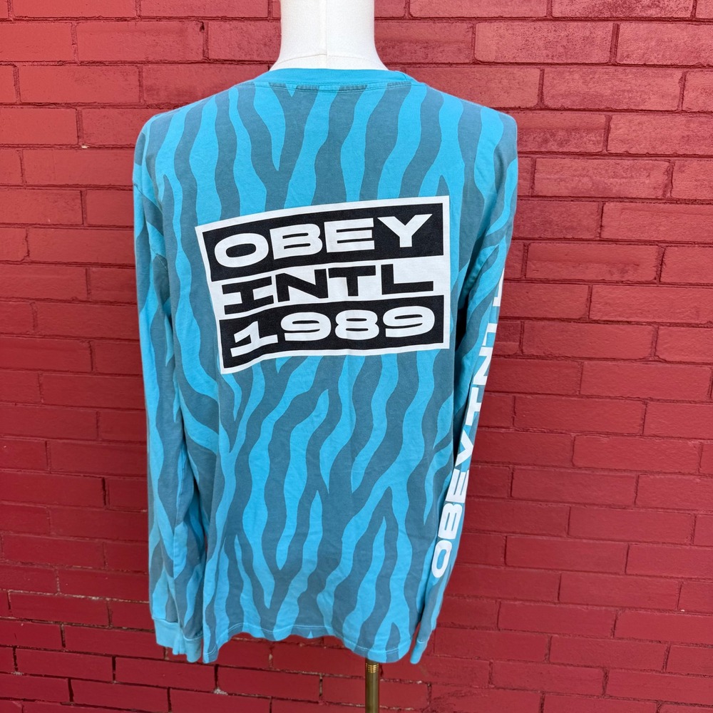 Vintage OBEY INTL 1989‎ Long Sleeve Shirt Mens Large Blue Zebra Spellout Skater